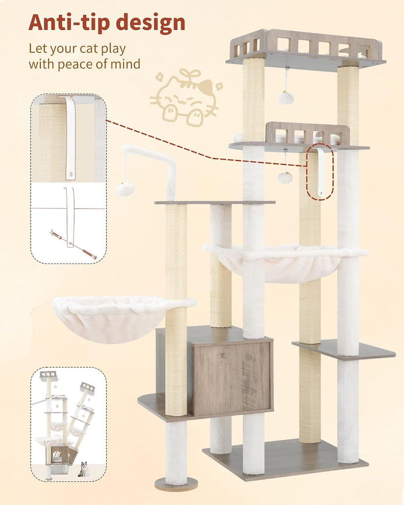 Cat Tree, 70.5" Wood Tall Cat Tower for Large Indoor Cats
