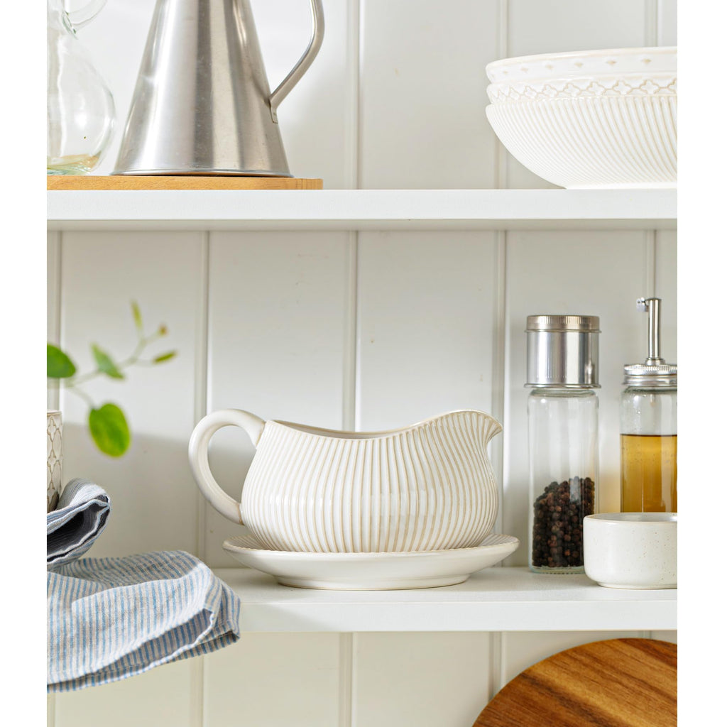 Gravy Boat with Saucer Stand, 24oz Ceramic Sauce Boat, Off-White, Stripes