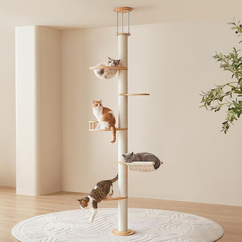 Floor to Ceiling Cat Tree Tower, Rubberwood Cat Window Perch with Cat Scratching Post, Hammock Ect, Adjustable Height