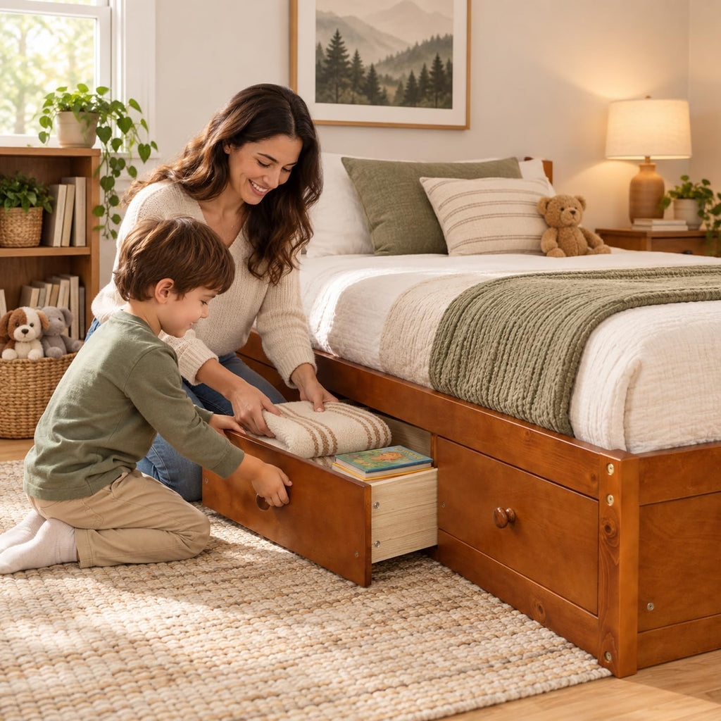 Twin Size Japanese Wood Bed Frame with 3 Storage Drawers (Oak)