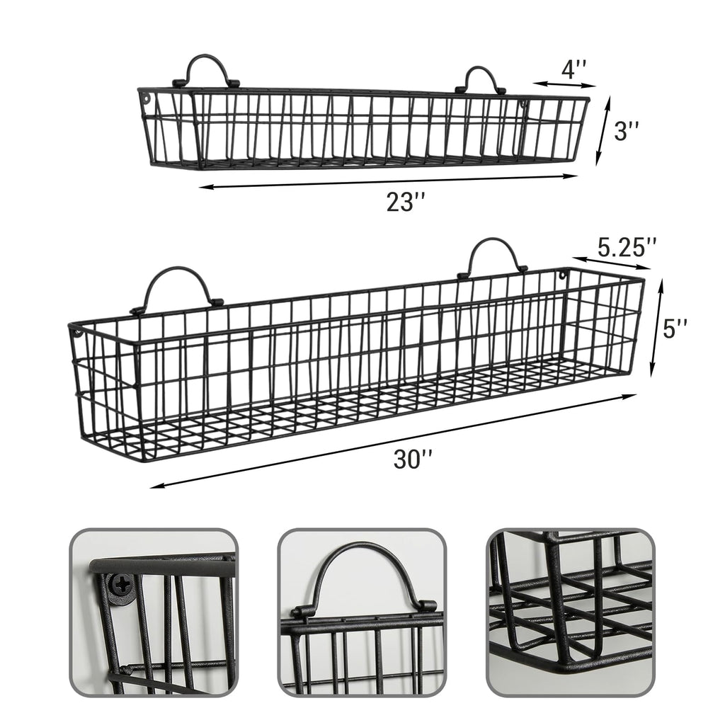 2pcs 30-Inch Wire Baskets for Storage and Organization, Rustic Black Wall Mounted Metal Display Racks