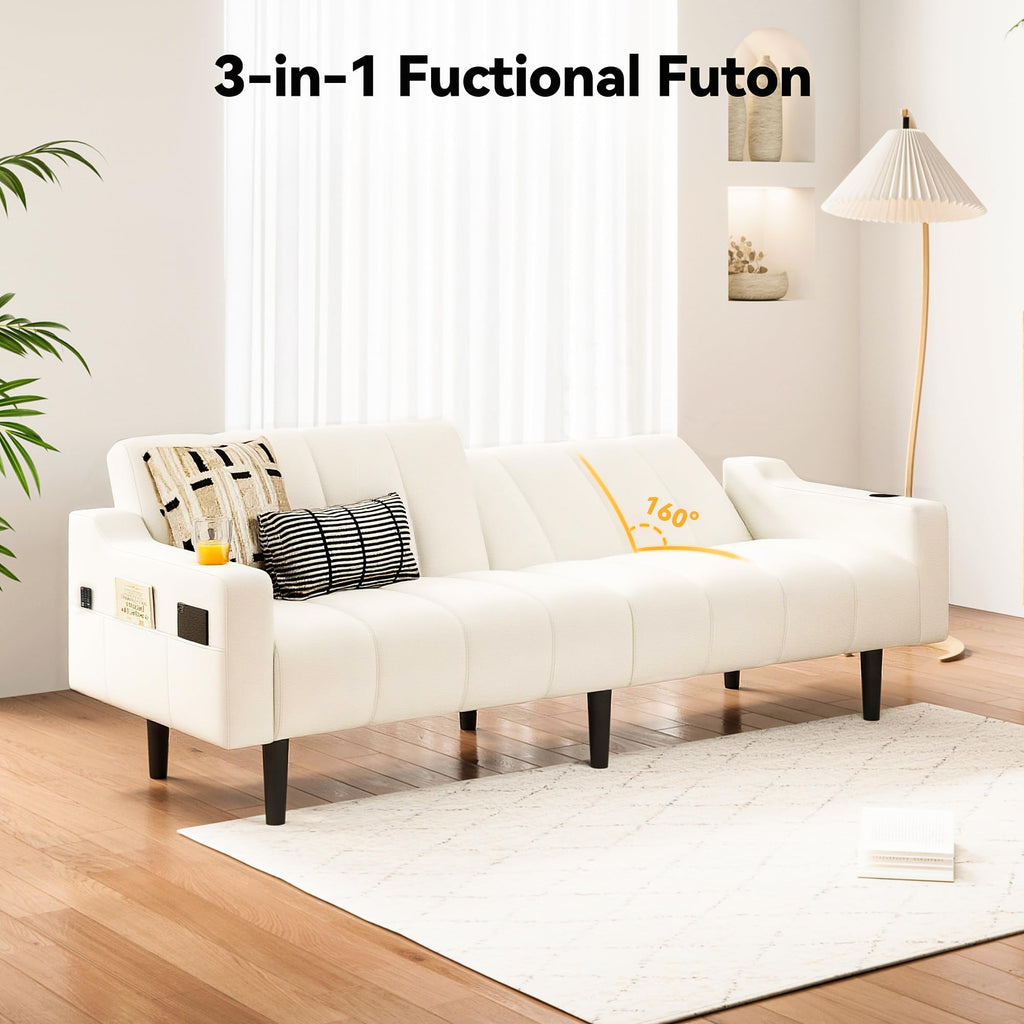 80'' Leather Couch, Futon Sofa Bed, Faux Leather Couch with Adjustable Backrest, 2 Cup Holders & Side Pockets, Mid