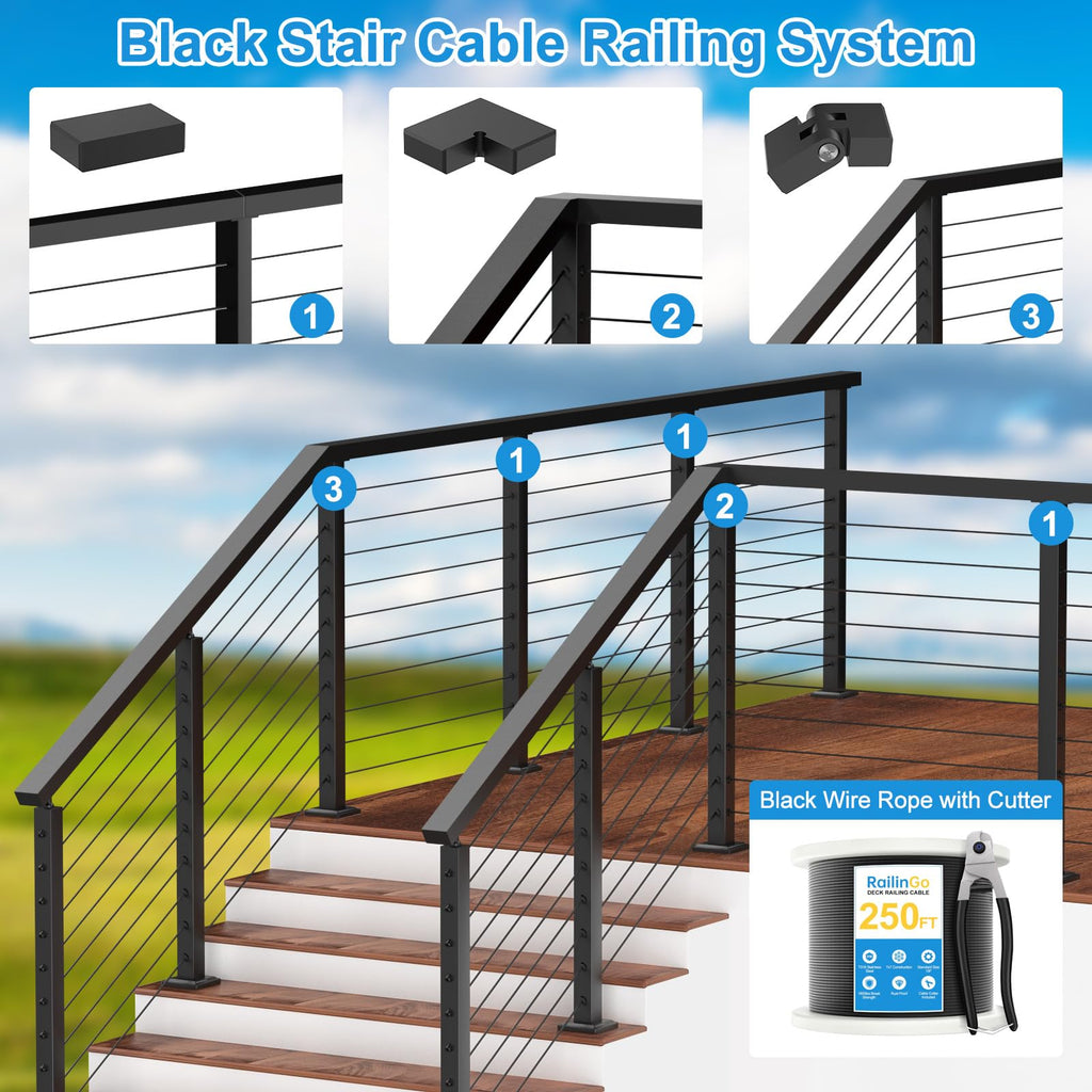 2Pack 6'6" Stainless Steel Cable Railing Handrail for Decks, Black