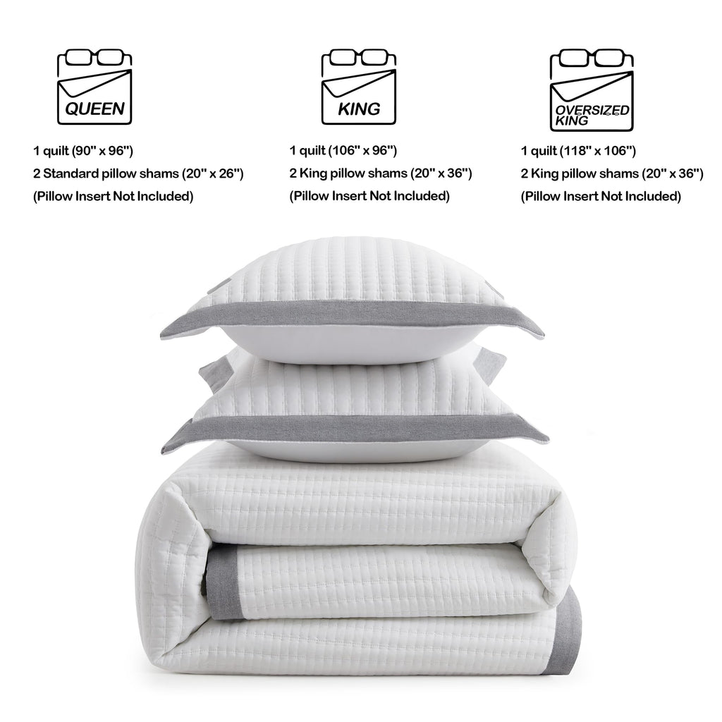White Quilt Set - Farmhouse Soft Striped Stitch Bedding Bedspread Coverlet Summer Lightweight