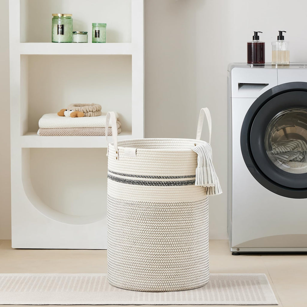 72L Tall Woven Rope Laundry Hamper, Leather Handles, Stripe White