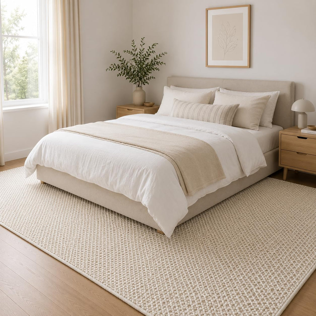 Handwoven Wool Area Rug - Hand Woven Natural Rugs- (Ivory- 10'x14')