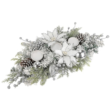 29.5" Artificial Christmas Candle Holder Centerpiece with White Poinsettia, Cypress Branch & Pine Cones, Holds 3