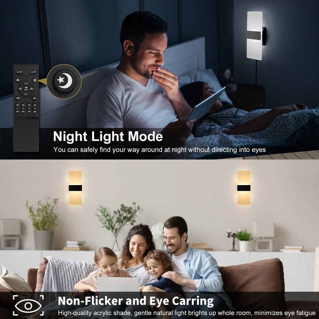 Plug in Wall Sconces with Adjustable 3000K-6500K Colors & 10%-100% Brightness, Wall Sconces Set of Two with Remote