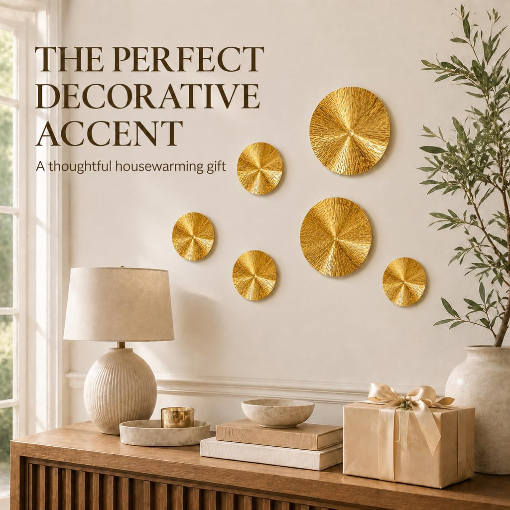 6 Pcs Gold Sunburst Wall Decor Set, Iron Metal Wall Art with 9.6" & 5.9" Pieces, Modern Geometric Hanging Sculptures