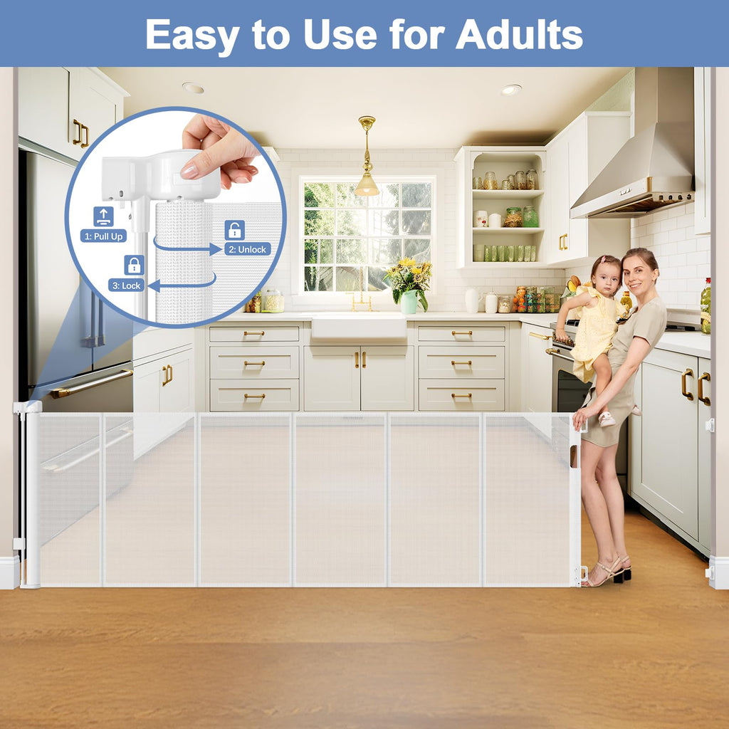 Reinforced 200 Inch Extra Long Dog Gate Indoor 37" Tall Outdoor Retractable Baby Gates for Doorways Extra Wide 16ft
