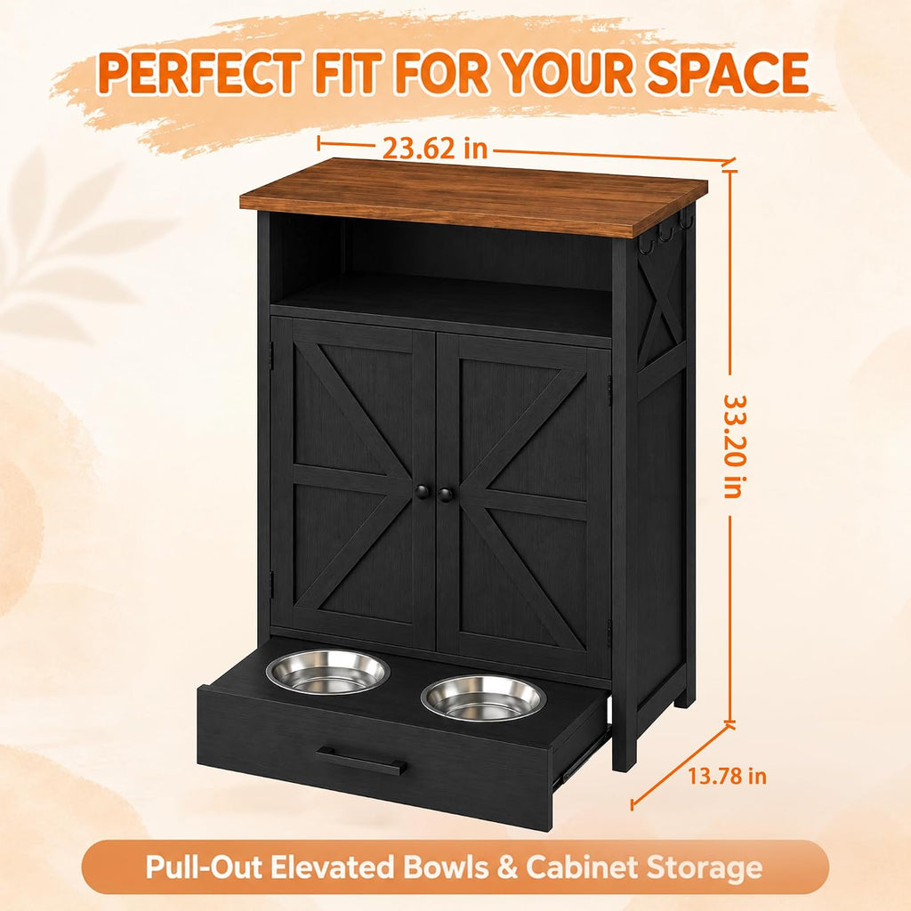 23.6-Inch Dog Feeding Station with Storage, Raised 2-Bowl Cabinet (Black)