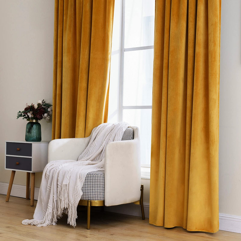 Velvet Blackout Curtains 52x84 inches 2 Panels Mustard Yellow