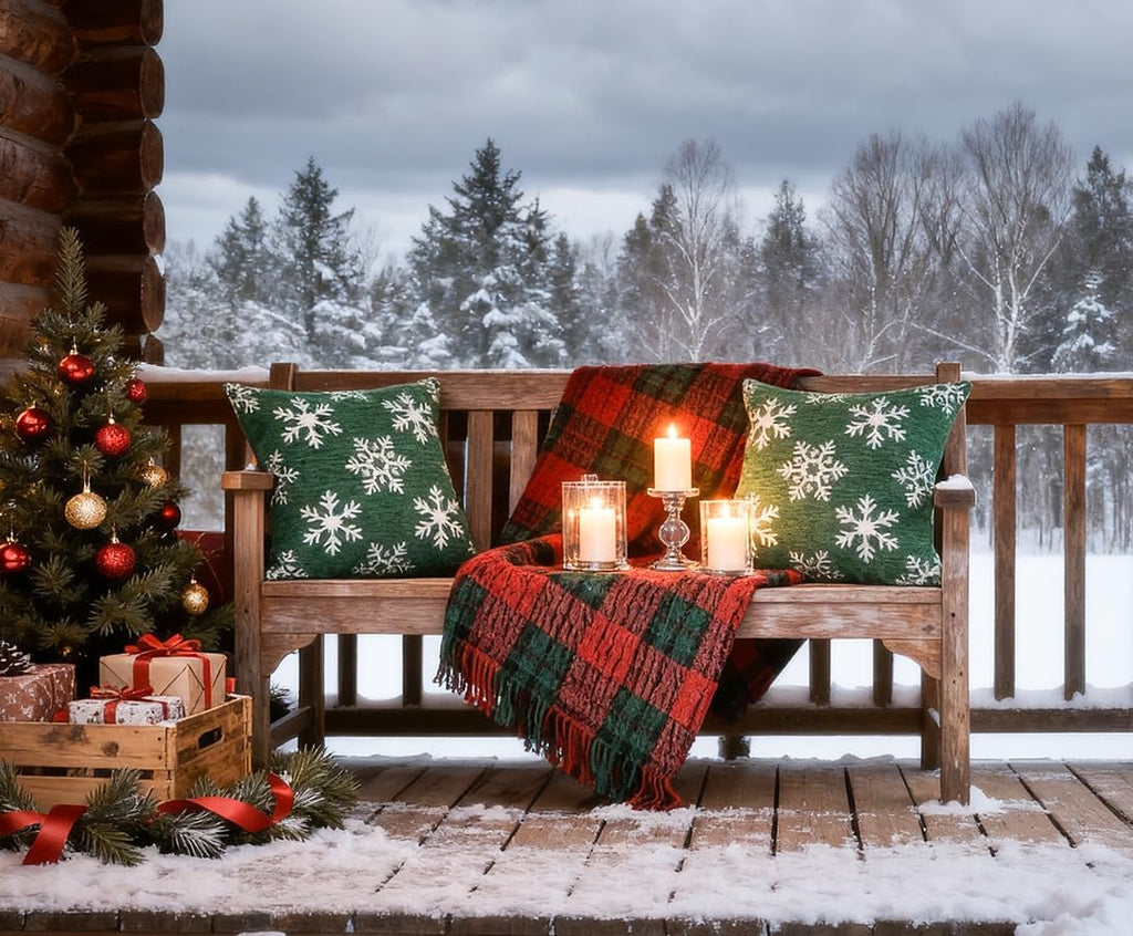 Soft Chenille Christmas Pillow Covers 20x20, Reversible Snowflake & Tree Pattern, Thick & Cozy Farmhouse - Set of 2