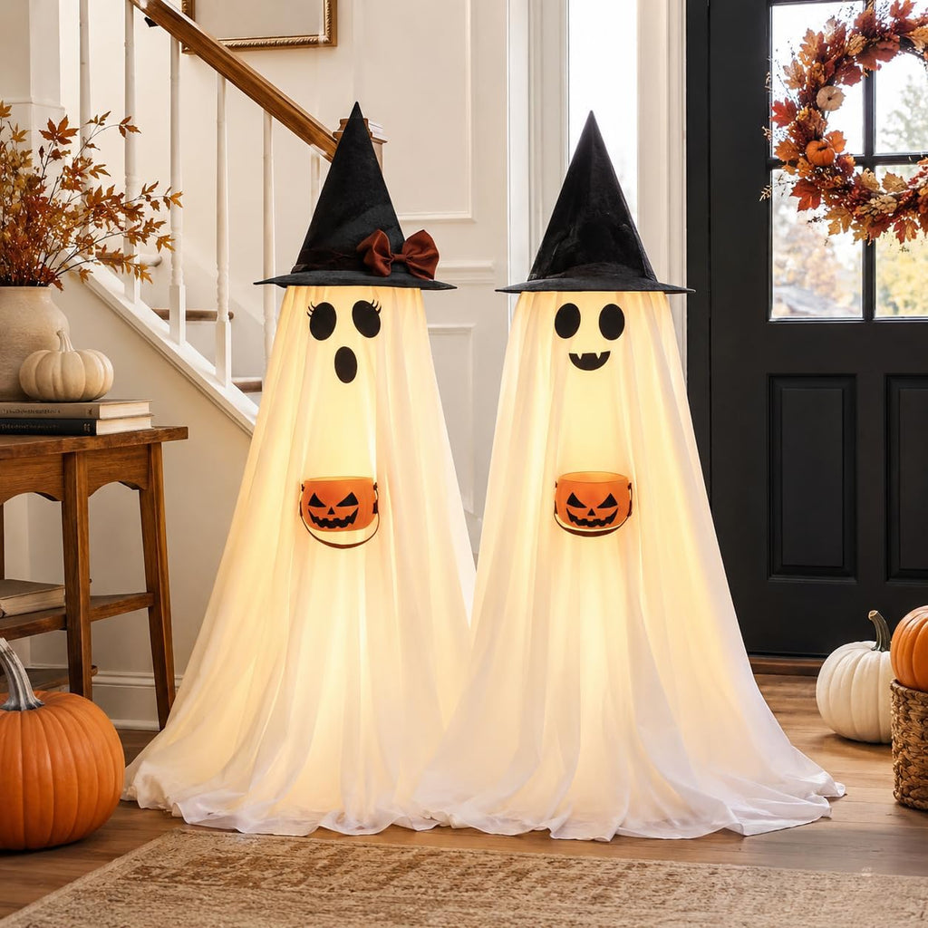 Halloween Decorations Indoor Lighted Ghost, 2 Pack Cute Light Up Ghosts - Set of 2
