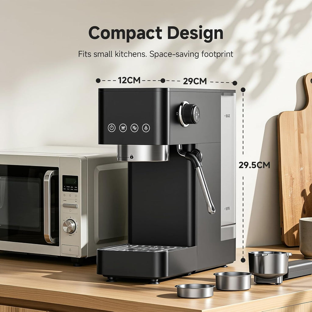 Compact Espresso Machine, 20 Bar, Milk Frother, Latte & Cappuccino | Compact Design, 30s Heat-Up, PID Temp Control