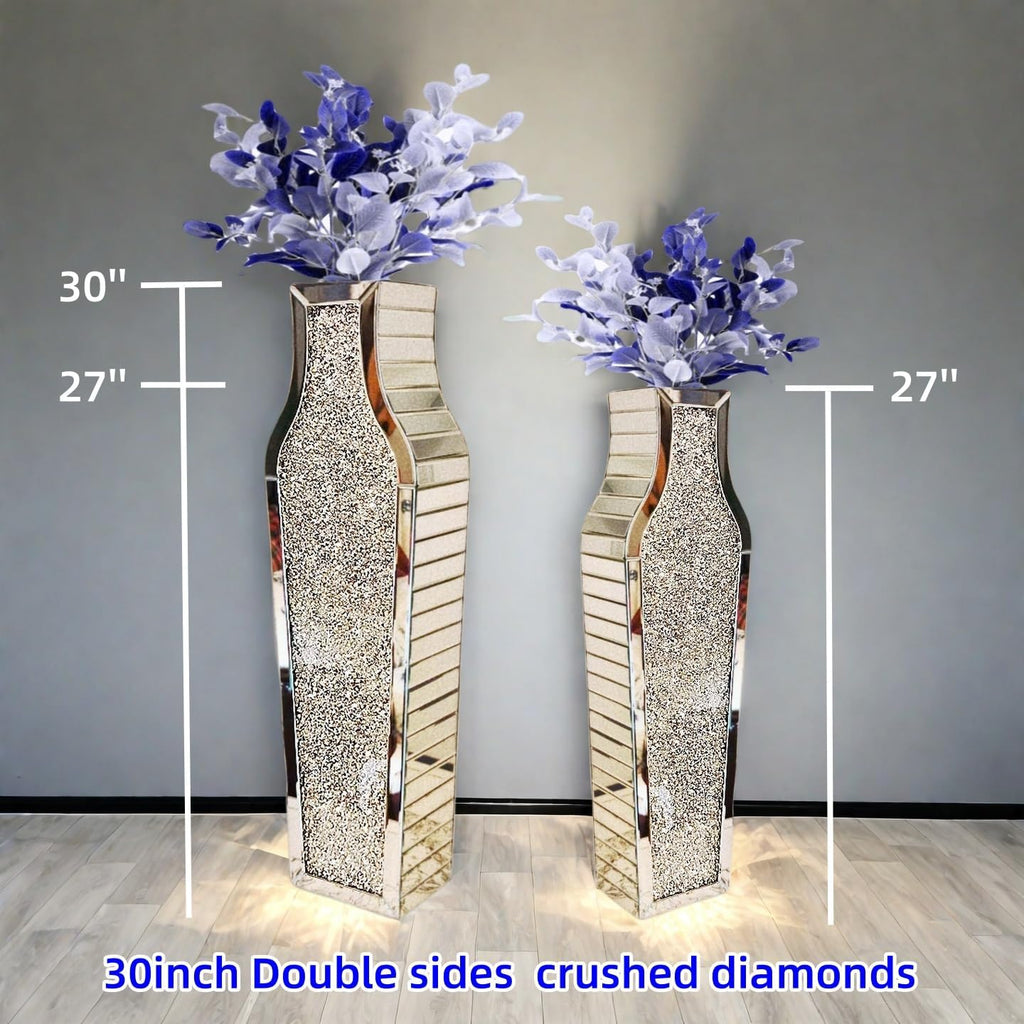 30" Large Double Sided Crushed Diamond Vases,Tall Silver Mirrored Vase for Floor,Big Crystal MirrorDecorative Vase