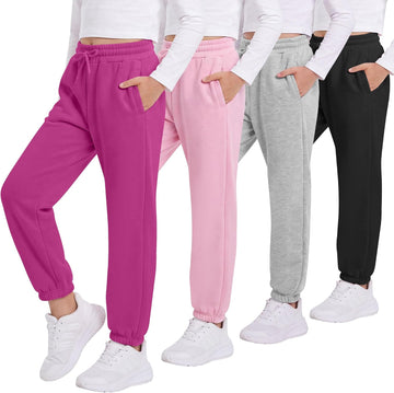 4 Pack Girls Fleece Lined Joggers Winter Sweatpants Cotton Blend Warm Drawstring Athletic Pants with Pockets for Kids