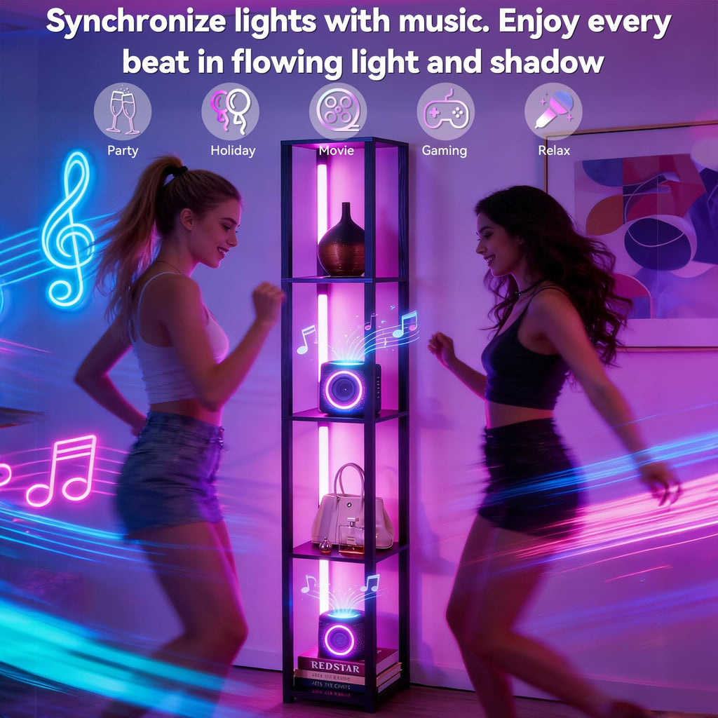 Floor Lamp, LED Smart Modern Floor Lamp with Music Sync, Color Changing Corner Display Shelf Lamp, Square Standing