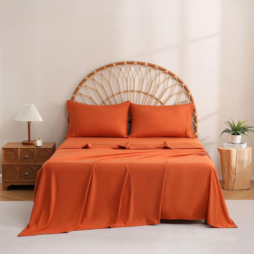 Orange King Sheet Set with Side Storage Pocket, 4 Piece Soft Microfiber Bed Sheets Deep Pocket Corner Straps