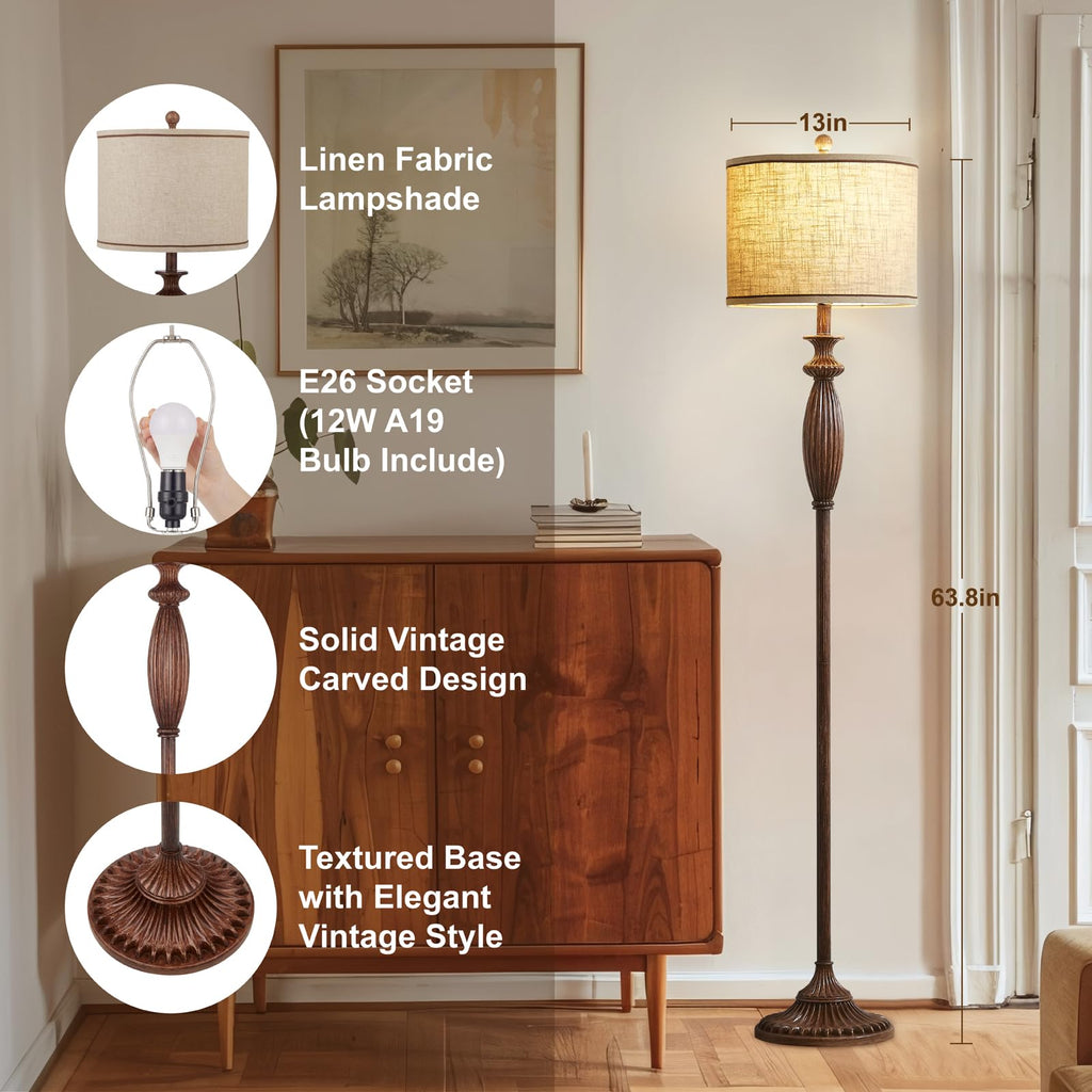 Vintage Floor Lamp, Rustic Standing Lamp with Linen Shade, Dark Wood Grain