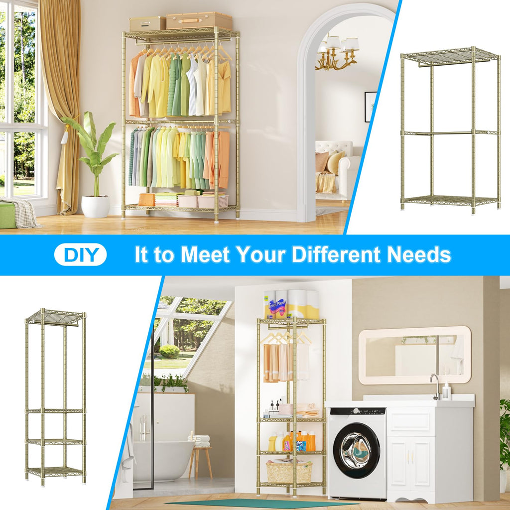 E10 Clothes Rack(With Stretchable Hanger Rod)Freestanding Clothing Racks for Hanging Clothes,Adjustable Closet