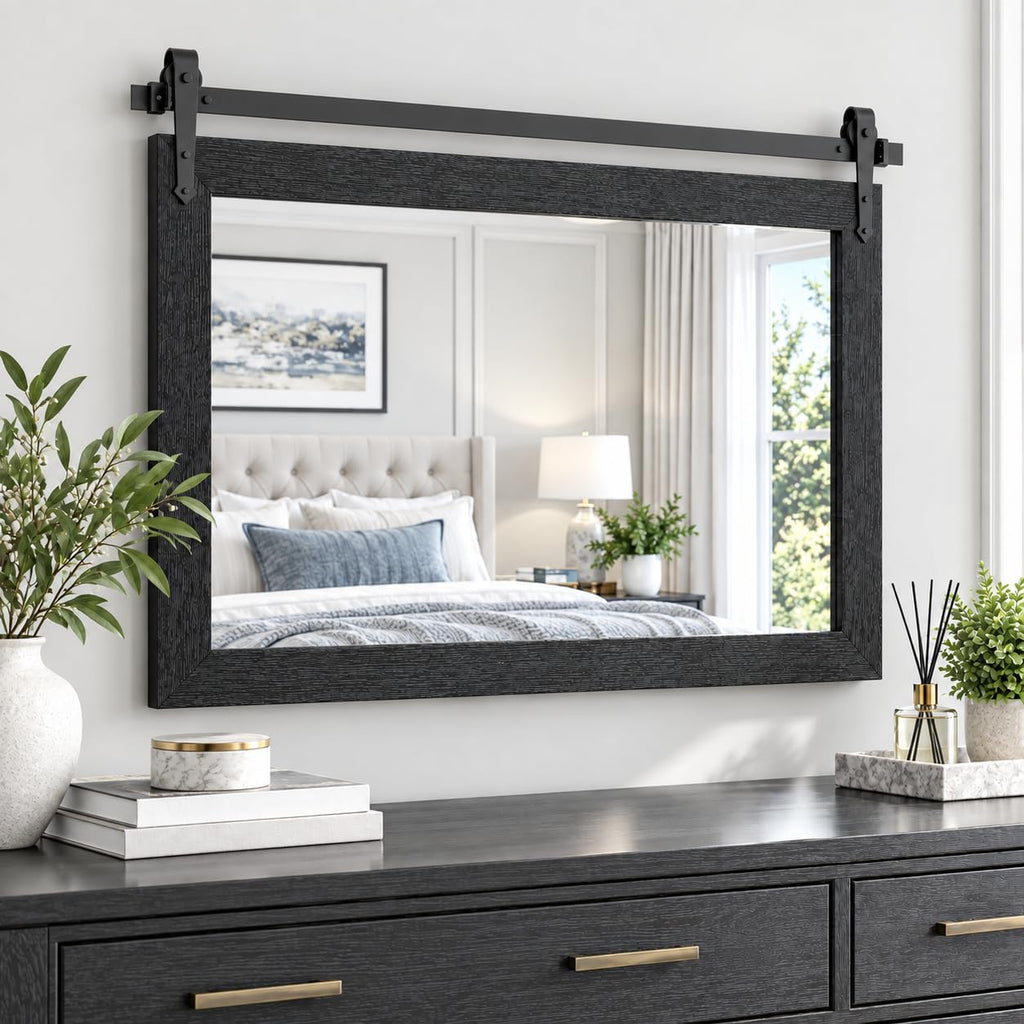 Farmhouse Mirror 42"x28" Black Rustic Mirror for Wall Vanity Mirrors Barn Door Style Decor Bathroom Living Room
