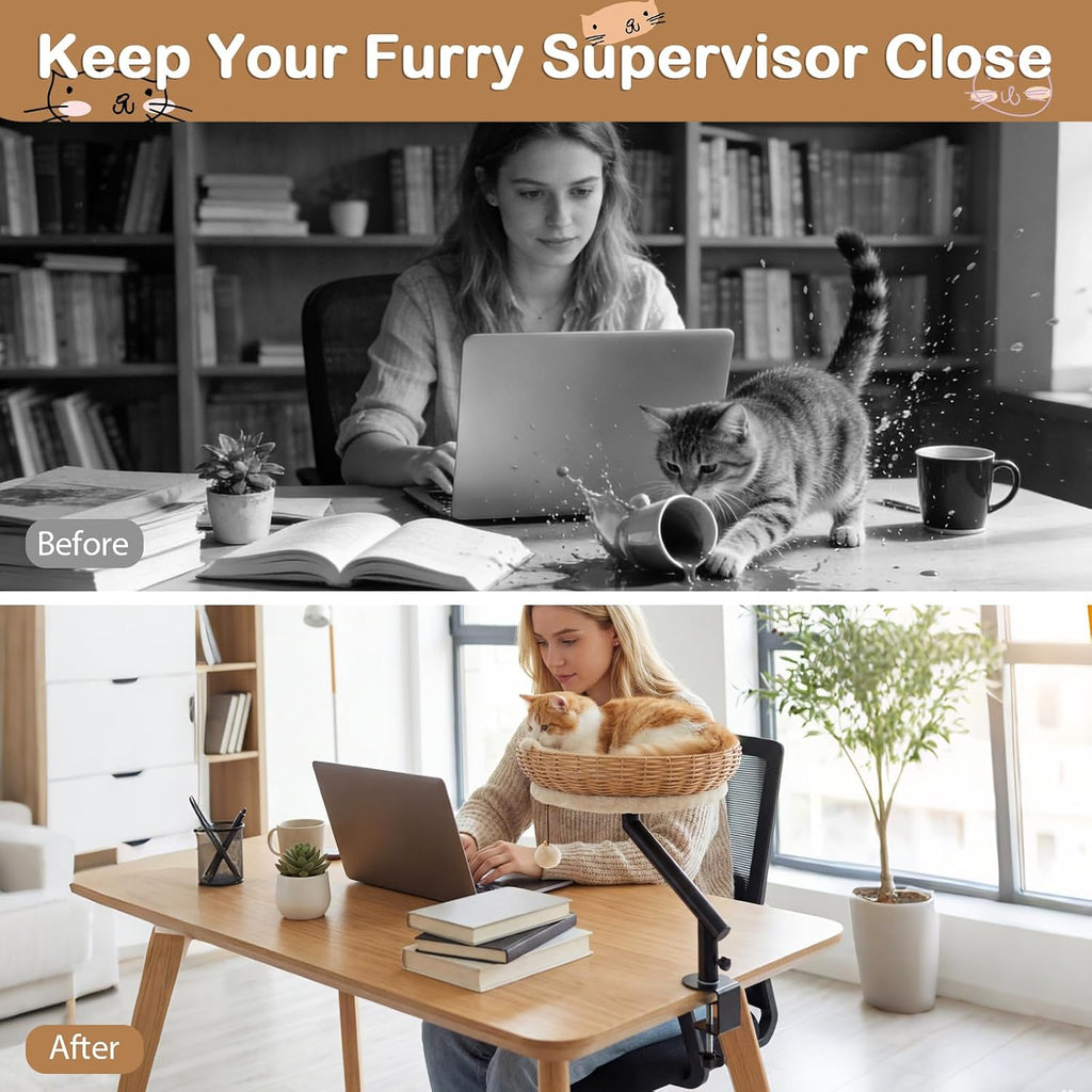 Cat Desk Bed, 360° Rotatable Rattan Desk Cat Bed Attachment with Removable Padded Cushion, Hanging Jingling Ball &