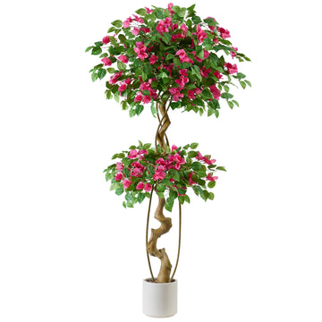 5FT Artificial Bougainvillea Tree in White Pebble Planter, Faux Silk Plant