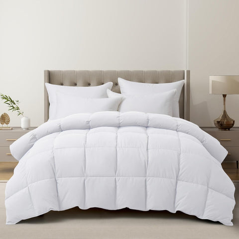 Luxury Goose Feather Down Fiber Comforter Queen, 300TC White Cotton Blended Duvet Insert