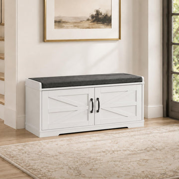 Shoe Storage Bench, 2-Tier Farmhouse Entryway Bench with Padded Seat Cushion, 13.78" D x 39.37" W x 19.69" H, Slim