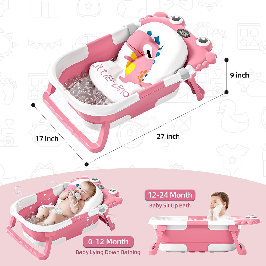 Collapsible Baby Bathtub for Newborns to Toddler with Real-time Temp Monitor & Floating Cushion,Portable Travel Tub