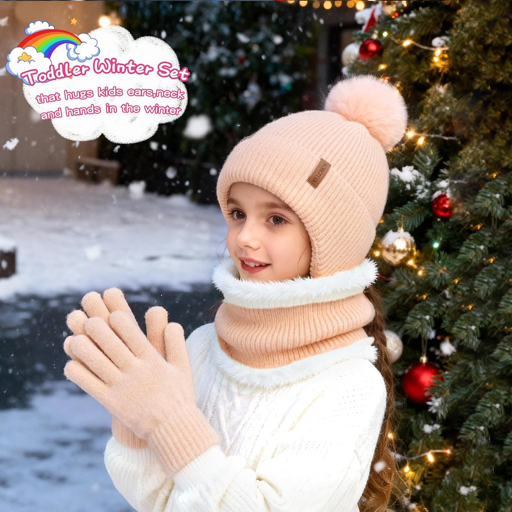 Toddler Girls Winter Hat Gloves Scarf Set Warm Fleece Lined Knit