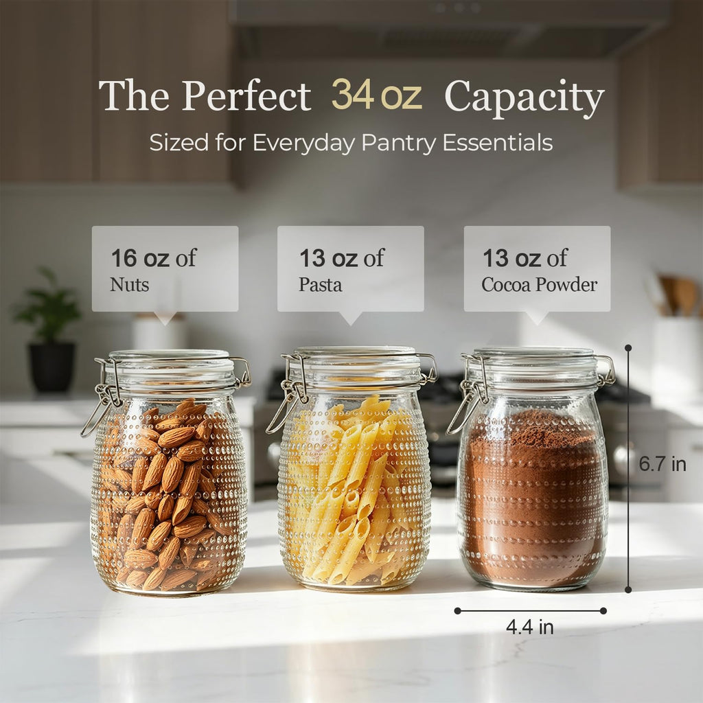 Glass Pantry Jars with Airtight Lids 34 oz 6 Pack Wide Mouth Hobnail