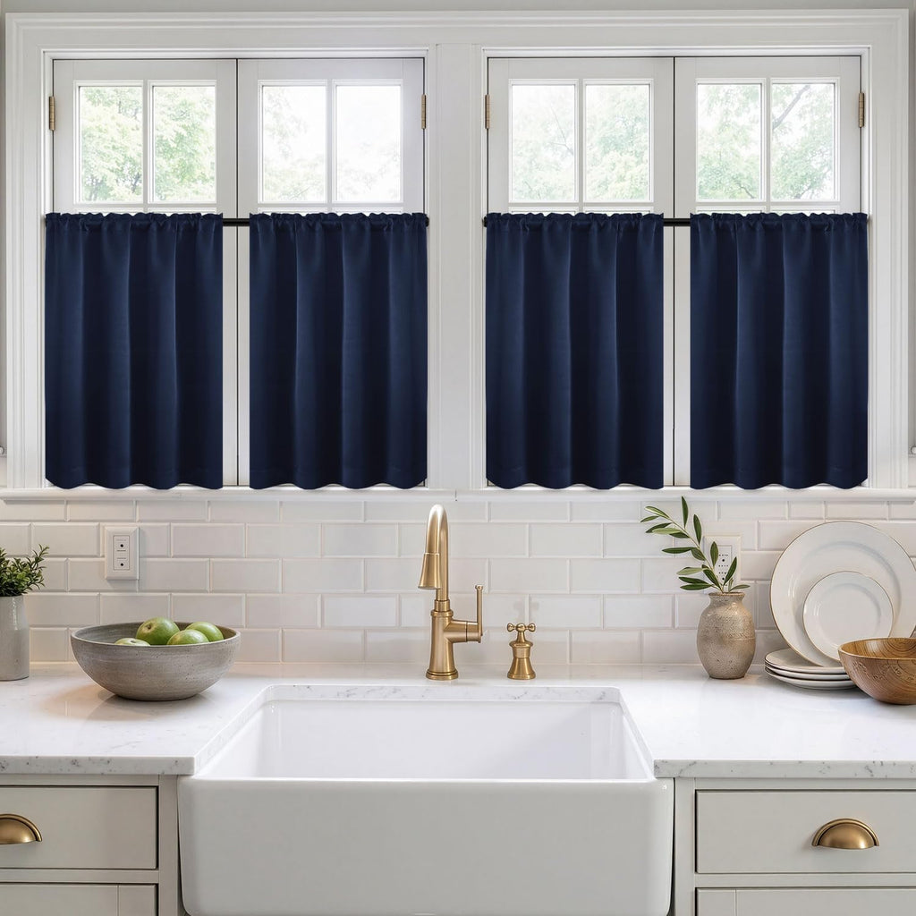 4 Panels Short 36 Inch Blackout Kitchen Window Curtain Navy Blue