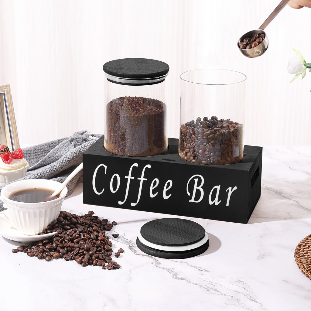 Rustic Modern Black 2PCS Small 44oz Coffee Storage Jars with Shelf, 2Pcs 1.295L Airtight Glass Coffee Containers