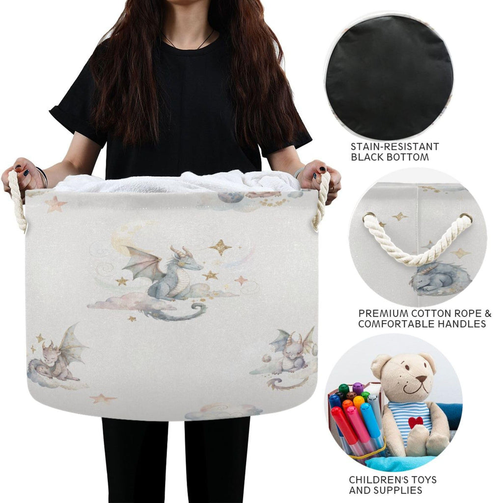Cute Dragon Cotton Rope Storage Basket with Handles Large Baby Laundry Basket Round Collapsible Blanket Basket Shelf