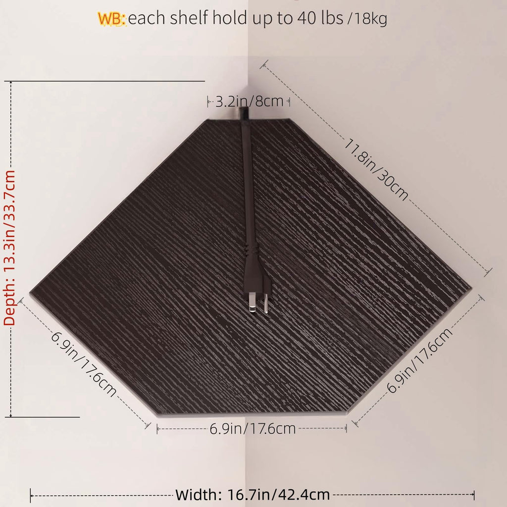 Corner Shelves, 12 Inch Corner Shelf Wall Mounted with Wire Hole, 4 Tier 13.3 Inch Deep Wooden Corner Hanging
