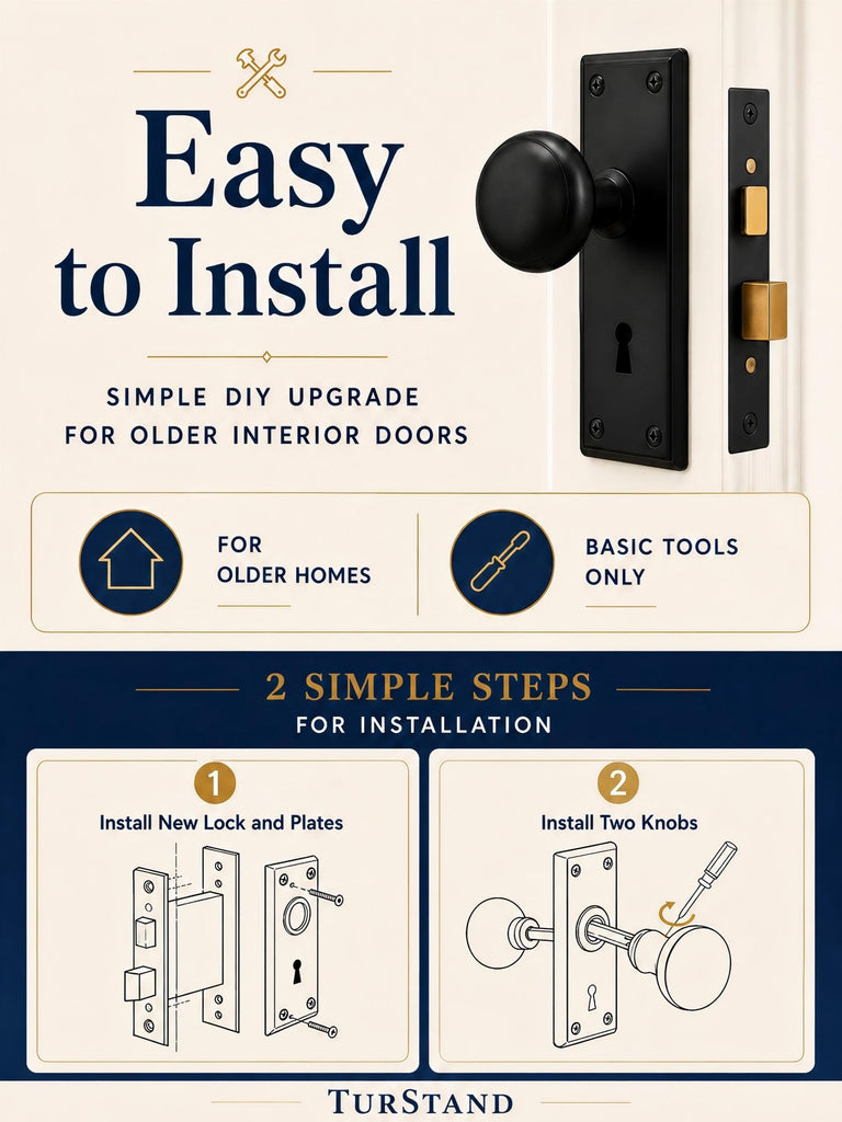 Matte Black Vintage Mortise Lock Set with Round Door Knobs
