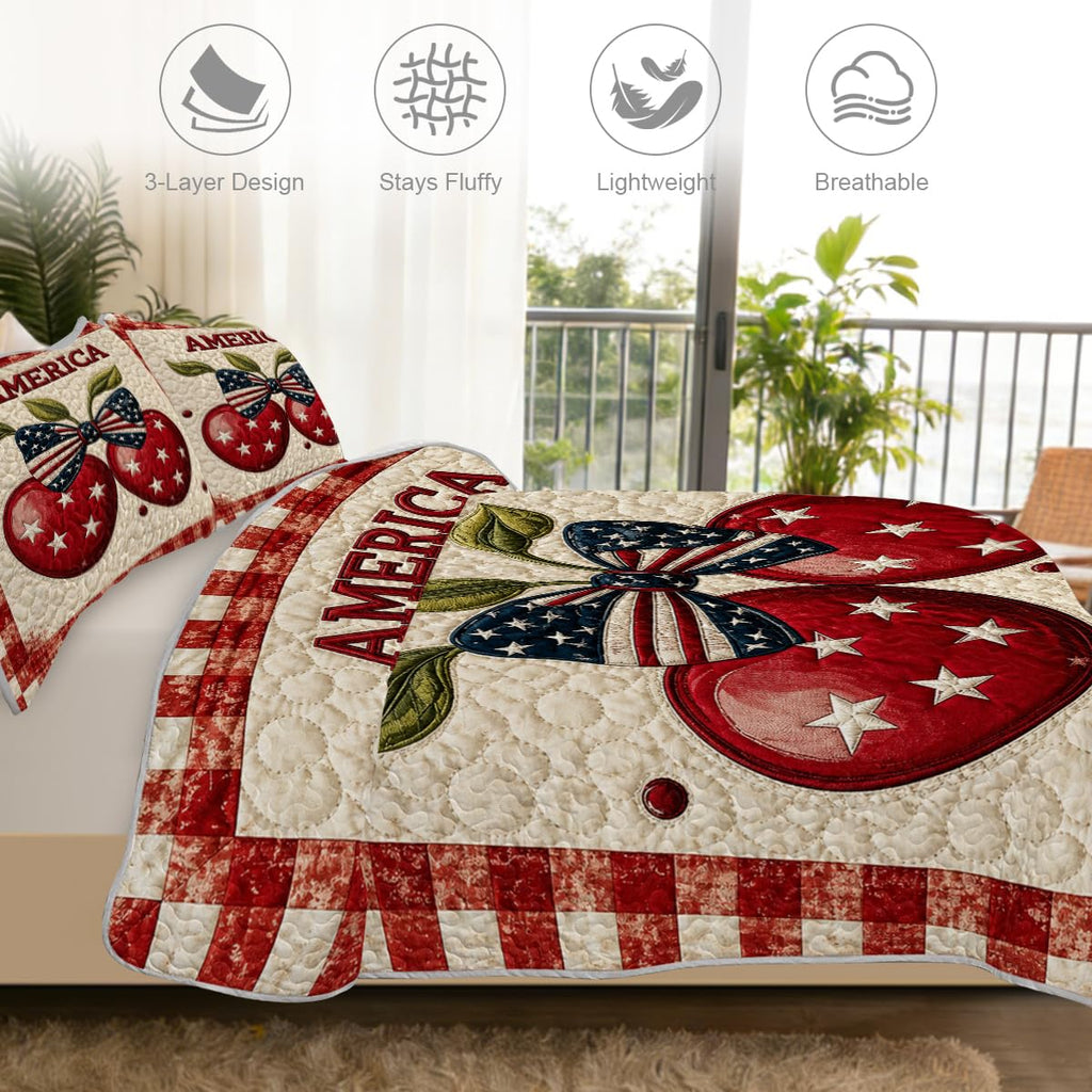 Patriotic Quilt Set with Americana Cherries and Gingham Border, Microfiber Lightweight Bedspread for Farmhouse