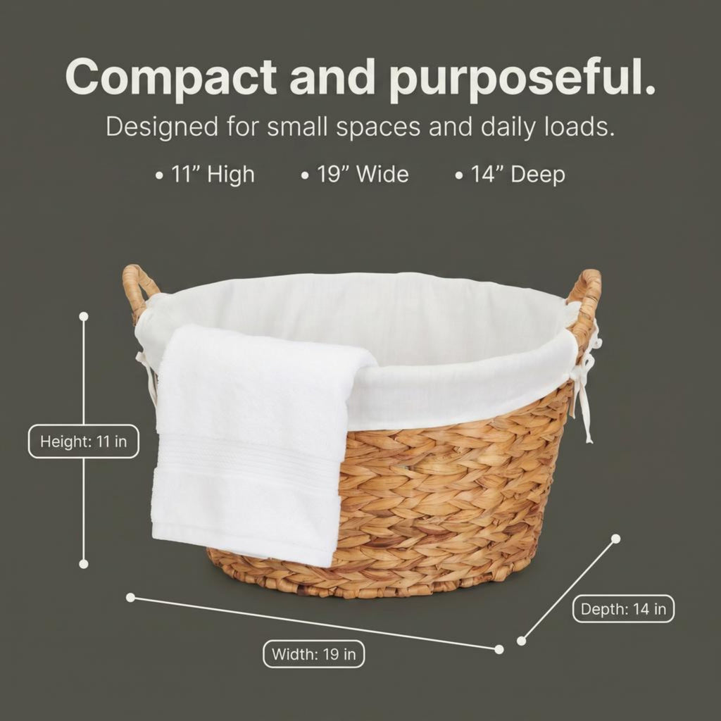 Round Wicker Laundry Basket with Handles, Whimsical Water Hyacinth Basket, Supportive Metal Frame, Removable