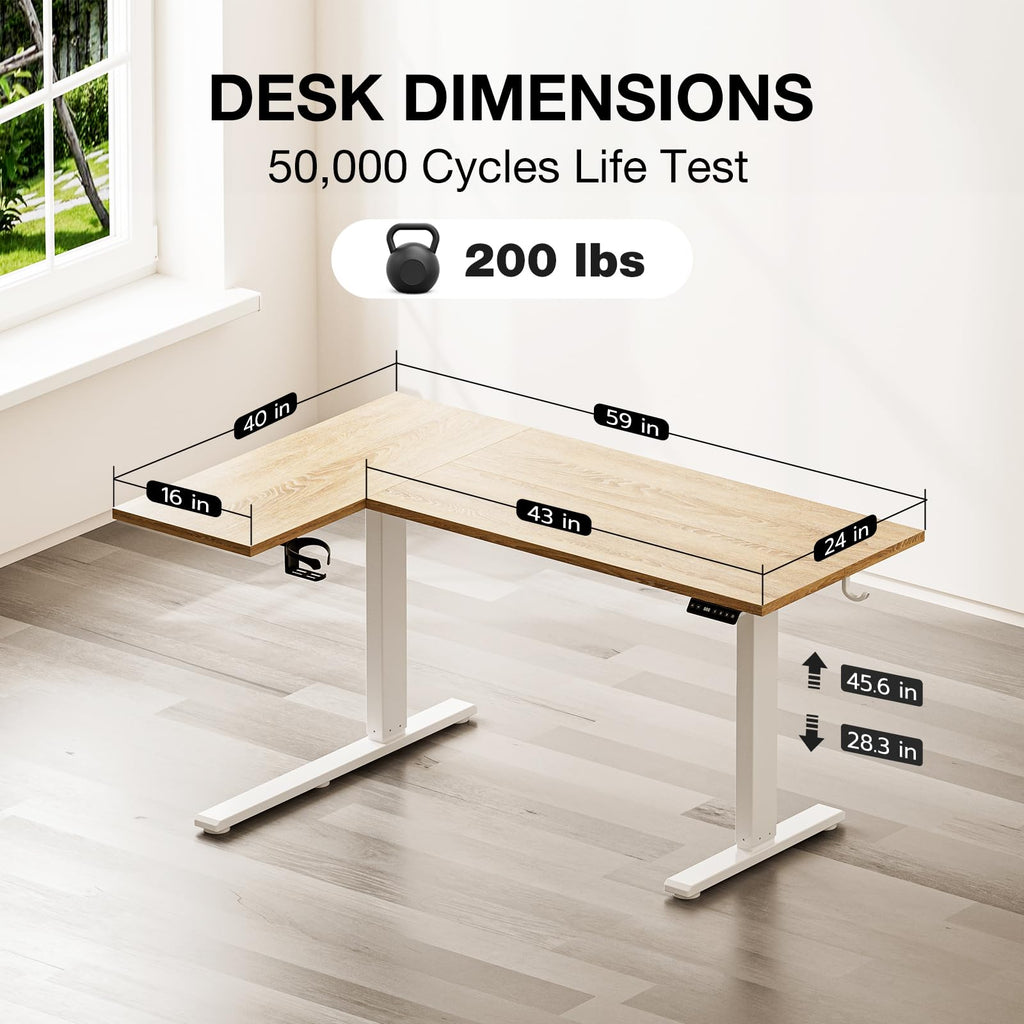 59" L Shaped Standing Desk with Cable Tray, Reversible, Oak