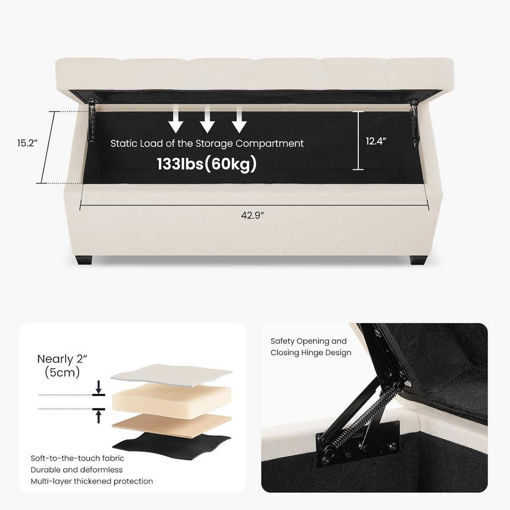 Storage Ottoman Bench , 47.2", Ivory | 47.2-inch storage ottoman with safety hinge, tufted upholstered seat and