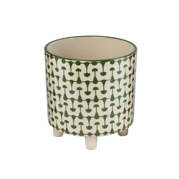 Footed Stoneware Planter with Abstract Print, Green and White