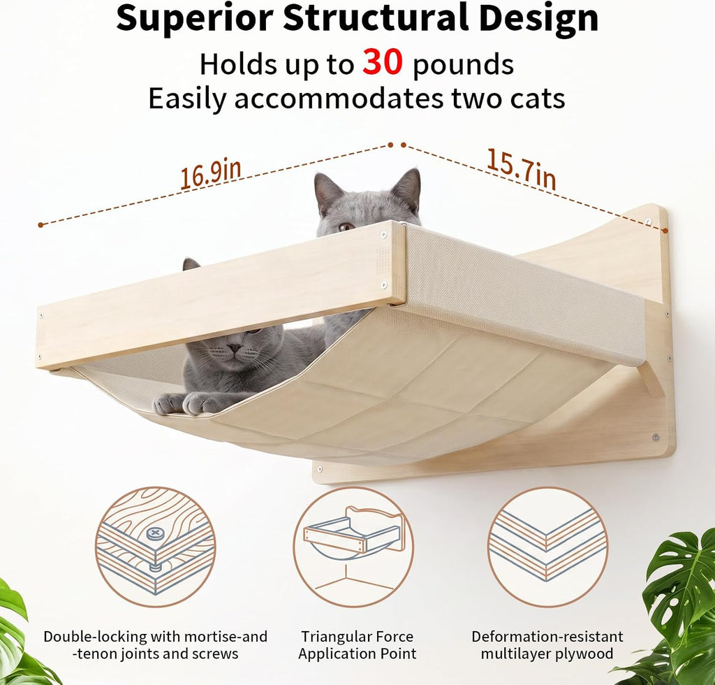 Cat Wall Hammock Mounted Bed, Wood Kitten Shelf and Perch up to 30lbs