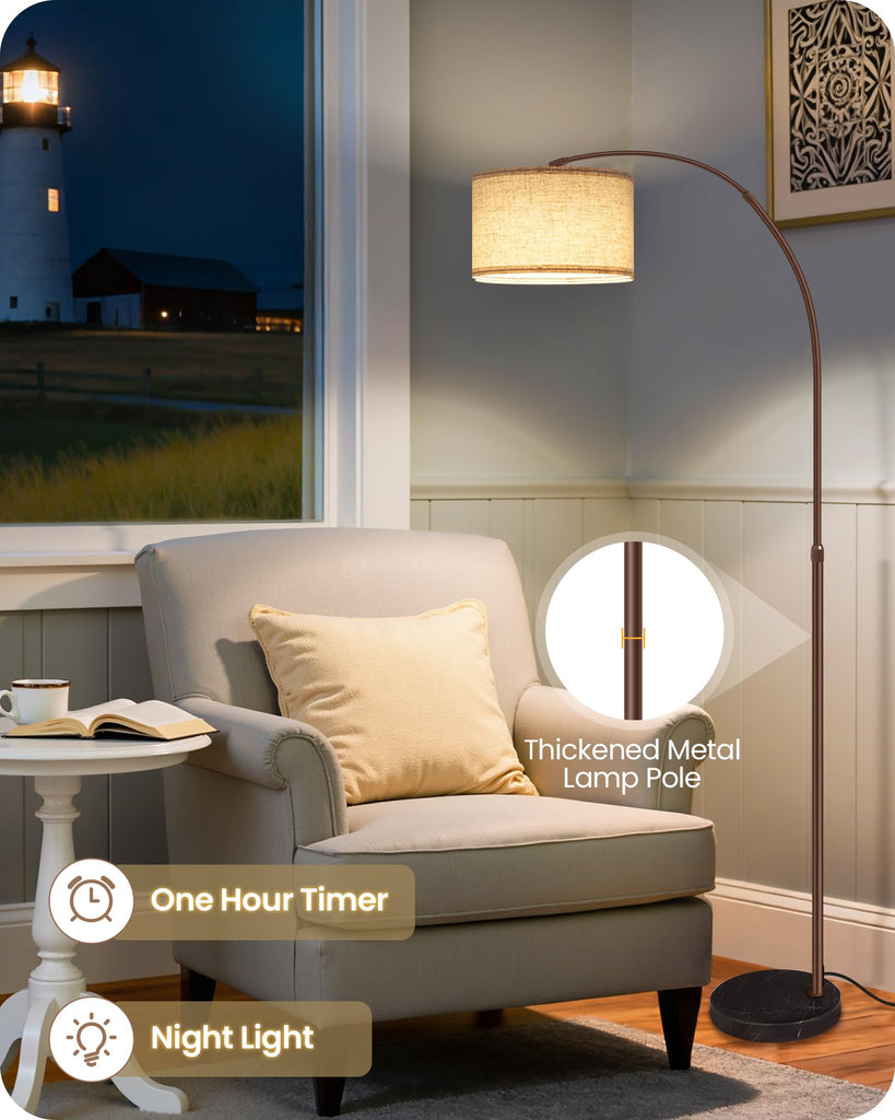 75" Dimmable Brown Arc Floor Lamp with Marble Base, Adjustable Height,Beige