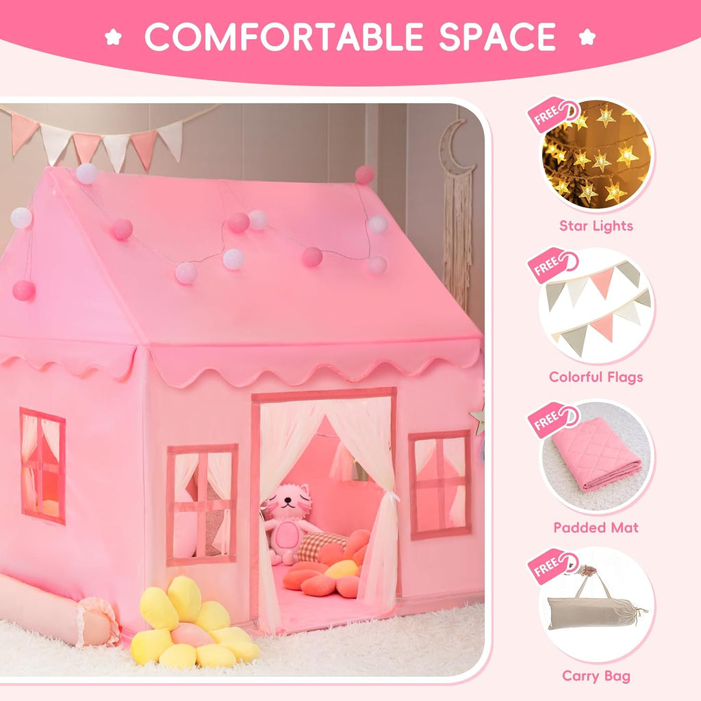 Large Kids Tent Playhouse Padded Mat with Star Lights, Flags and Tote Bags, Play Tent Indoor & Outdoor, Washable