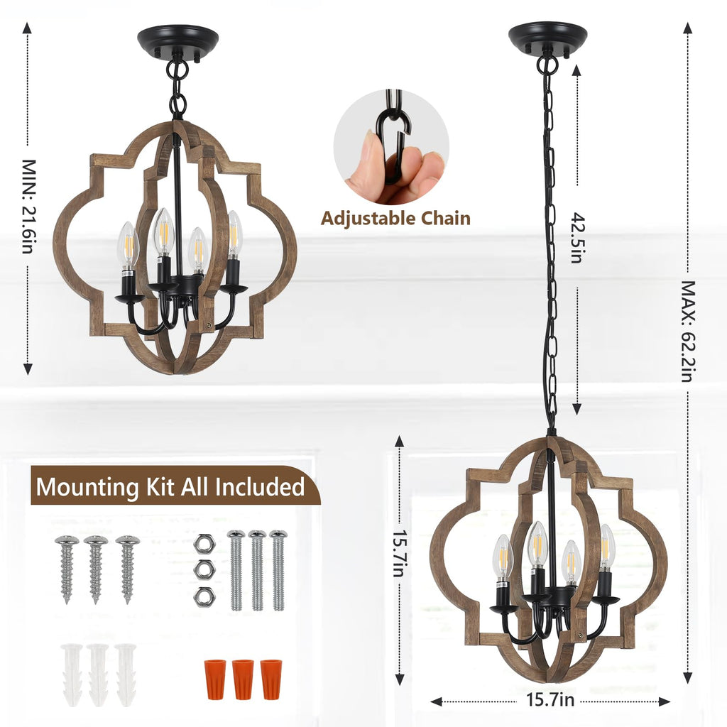 Farmhouse Chandelier Light Fixtures, 4-Light Dining Room Light Fixtures Over Table, Solid Wood Chandeliers, 15.7"