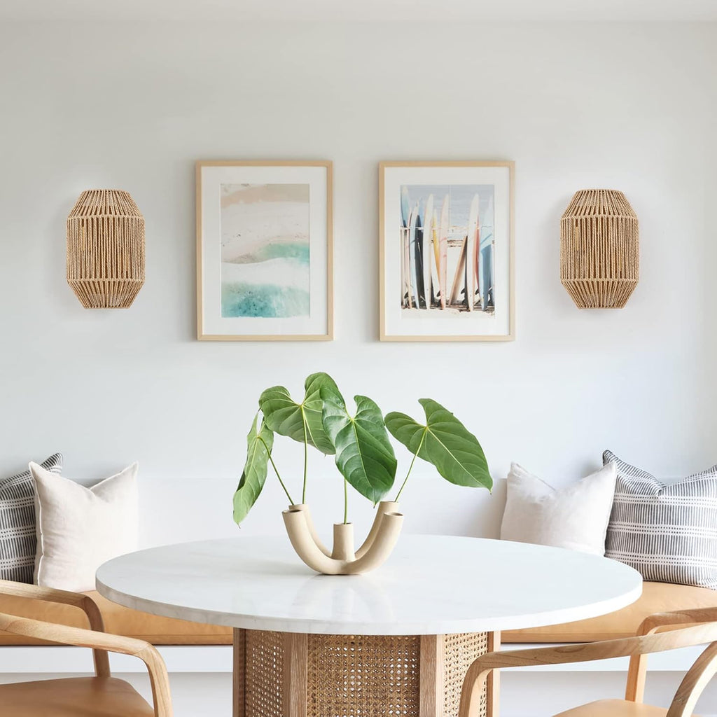 Natural Rattan Wall Sconce Set of 2, with Boho Woven Wicker Shade Antique Brass Brush Paint Finish for Vanity