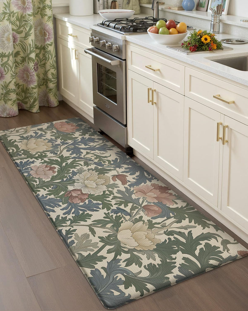 Natural Floral Kitchen Mat 24x59 Anti Fatigue, Multi Color | 0.4in Thick Cushioned Standing Mat For