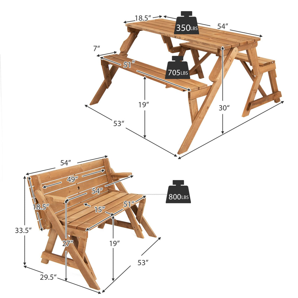 Picnic Table, 2 in 1 Convertible Picnic Bench Table Set, Transforming Interchangeable Wooden Picnic Table with